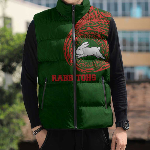 Personalized South Sydney Rabbitohs Sleeveless Puffer Jacket Polynesian Tribal Chest and Sleeve Tattoo