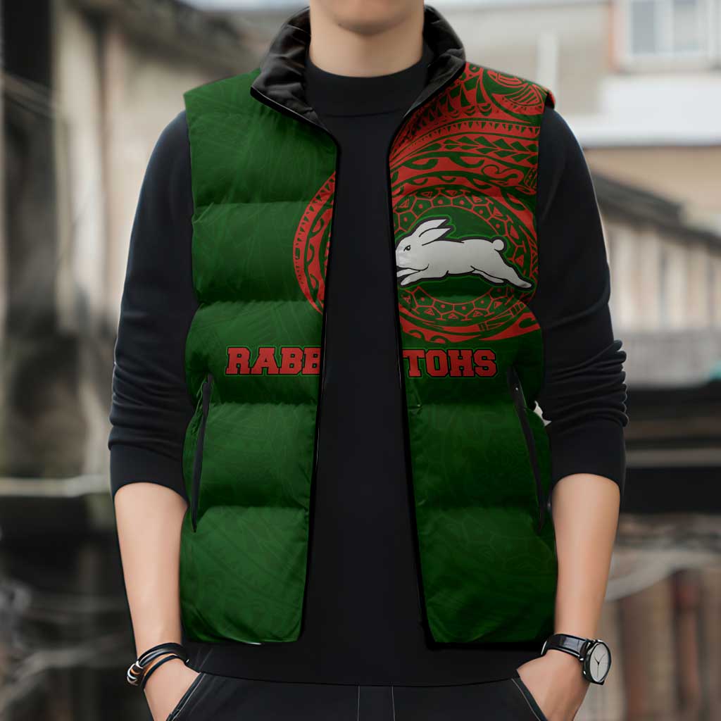 Personalized South Sydney Rabbitohs Sleeveless Puffer Jacket Polynesian Tribal Chest and Sleeve Tattoo