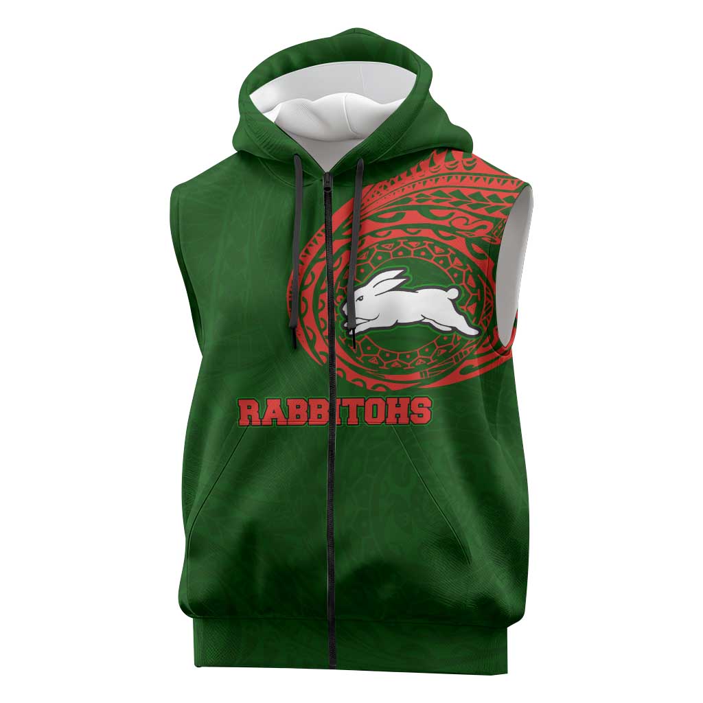 Personalized South Sydney Rabbitohs Sleeveless Zip Hoodie Polynesian Tribal Chest and Sleeve Tattoo