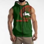 Personalized South Sydney Rabbitohs Sleeveless Zip Hoodie Polynesian Tribal Chest and Sleeve Tattoo