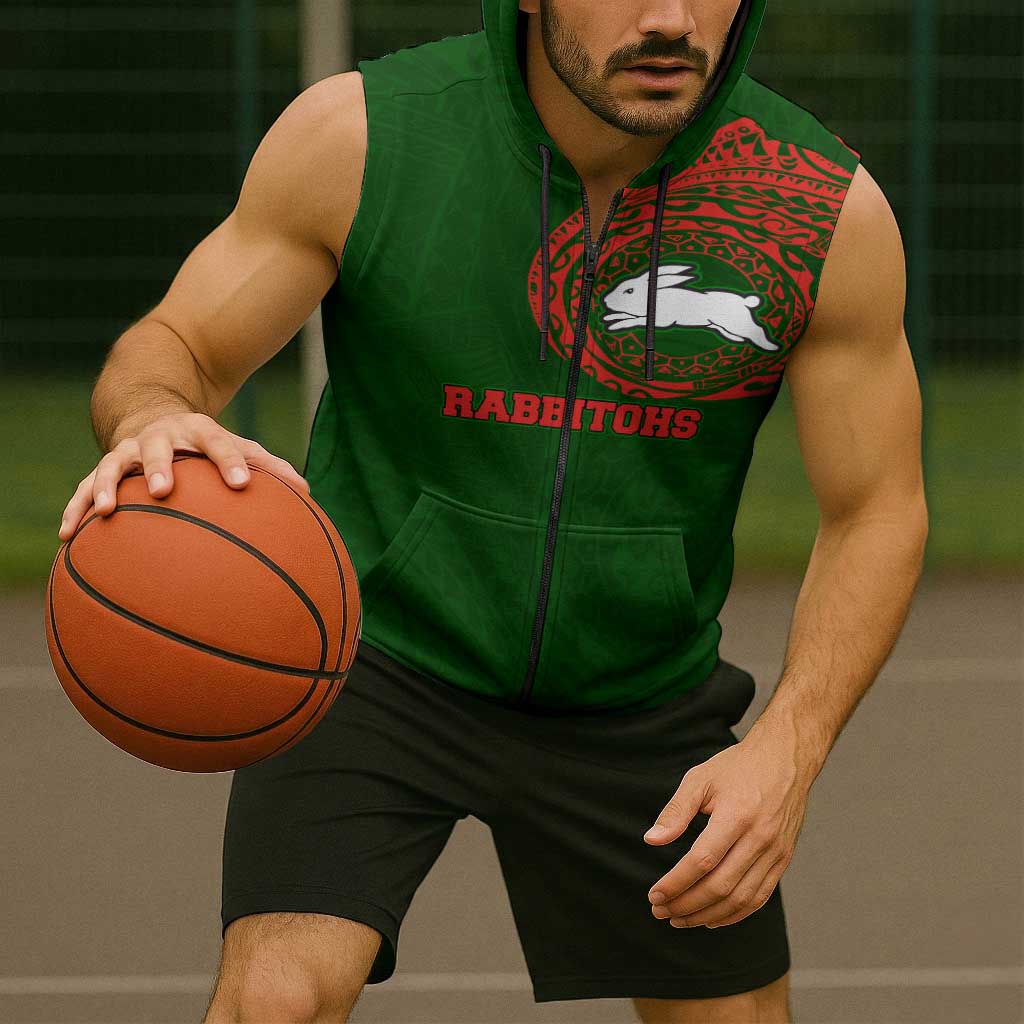 Personalized South Sydney Rabbitohs Sleeveless Zip Hoodie Polynesian Tribal Chest and Sleeve Tattoo