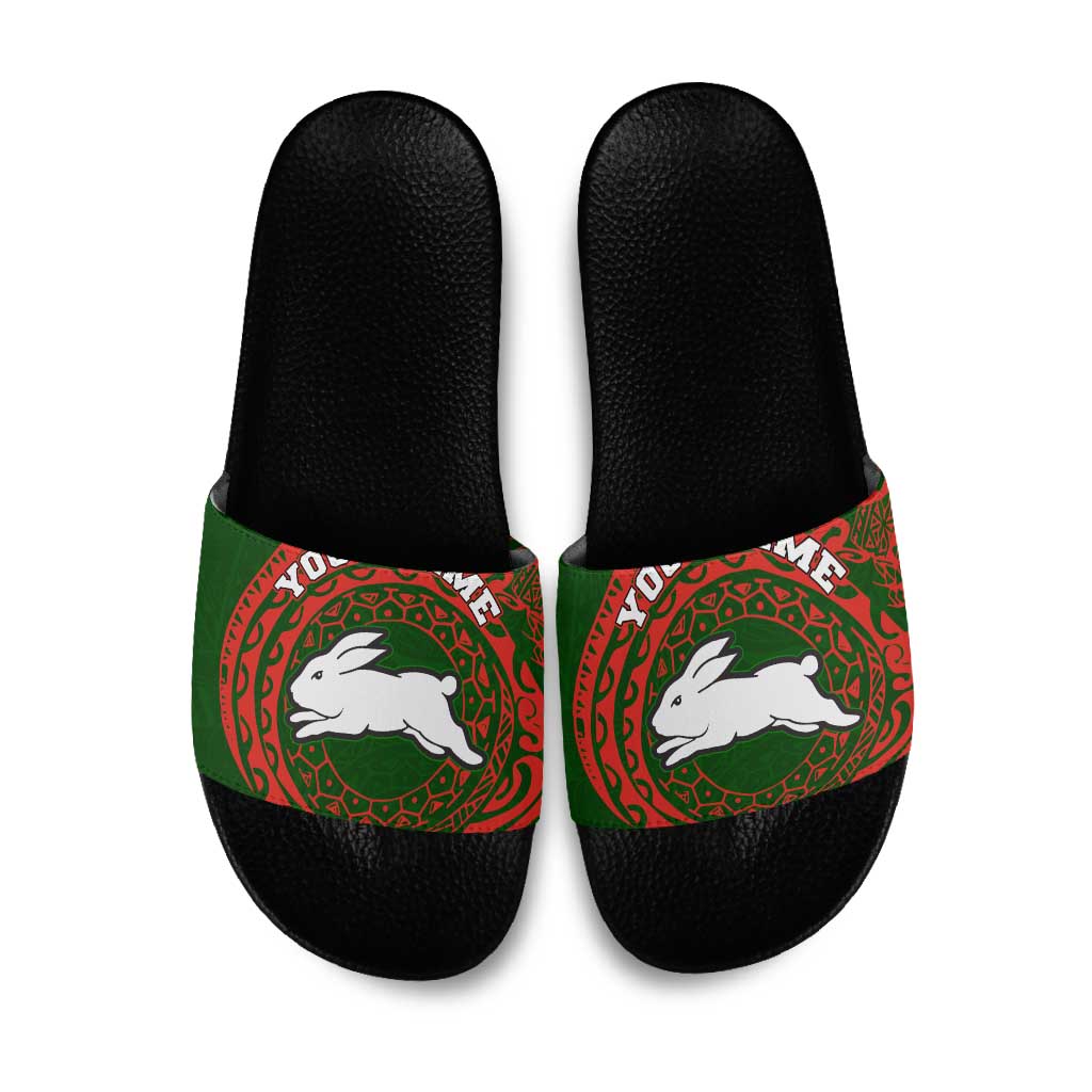 Personalized South Sydney Rabbitohs Slide Sandals Polynesian Tribal Chest and Sleeve Tattoo