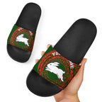 Personalized South Sydney Rabbitohs Slide Sandals Polynesian Tribal Chest and Sleeve Tattoo