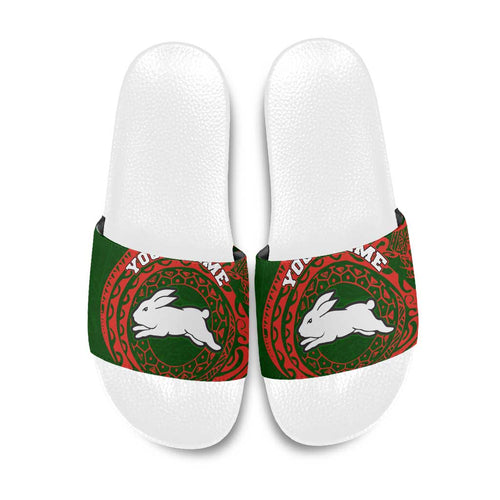 Personalized South Sydney Rabbitohs Slide Sandals Polynesian Tribal Chest and Sleeve Tattoo