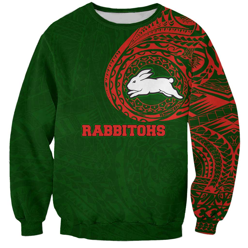 Personalized South Sydney Rabbitohs Sweatshirt Polynesian Tribal Chest and Sleeve Tattoo