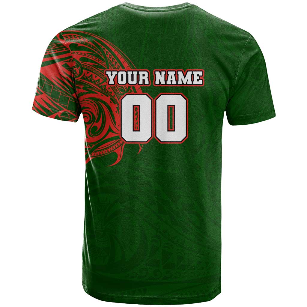 Personalized South Sydney Rabbitohs T Shirt Polynesian Tribal Chest and Sleeve Tattoo