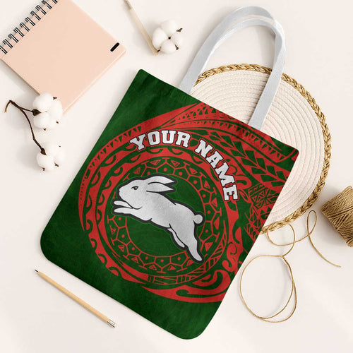 Personalized South Sydney Rabbitohs Tote Bag Polynesian Tribal Chest and Sleeve Tattoo