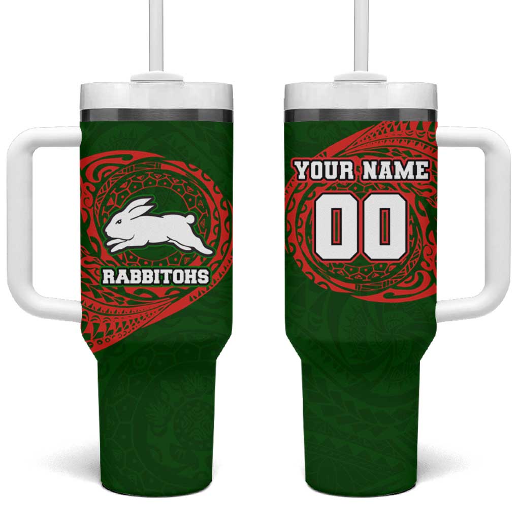 Personalized South Sydney Rabbitohs Tumbler With Handle Polynesian Tribal Chest and Sleeve Tattoo