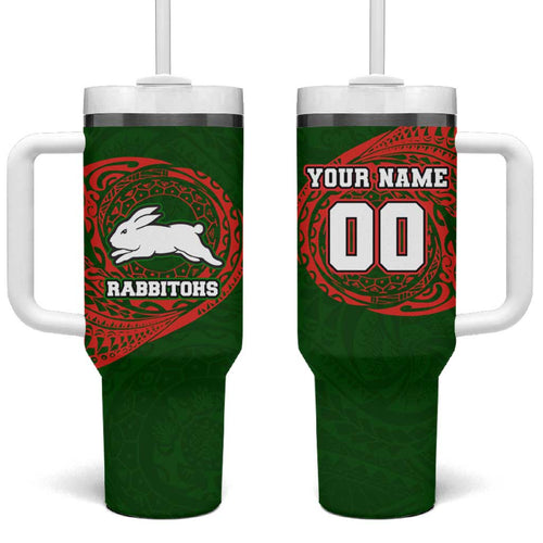 Personalized South Sydney Rabbitohs Tumbler With Handle Polynesian Tribal Chest and Sleeve Tattoo