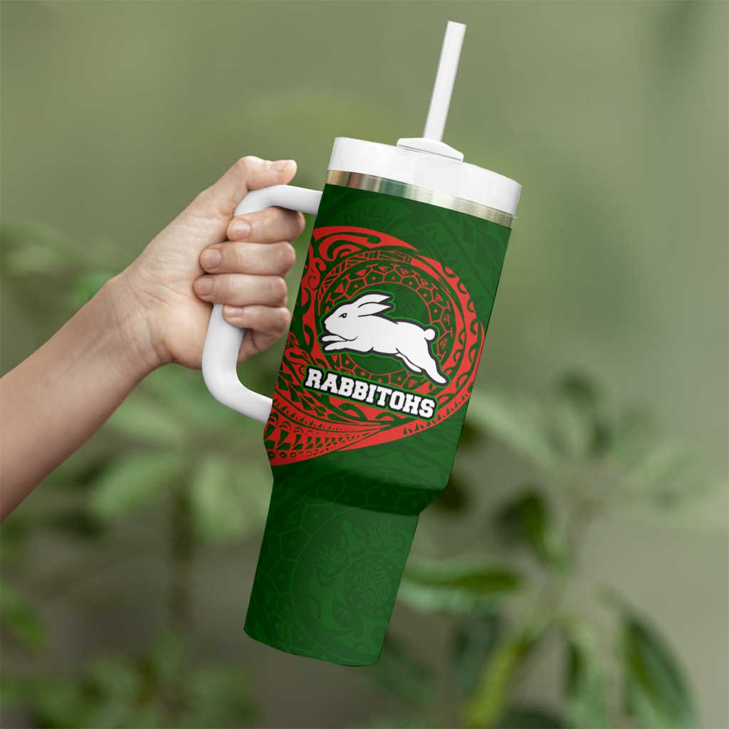 Personalized South Sydney Rabbitohs Tumbler With Handle Polynesian Tribal Chest and Sleeve Tattoo
