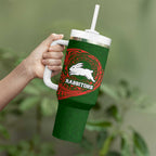 Personalized South Sydney Rabbitohs Tumbler With Handle Polynesian Tribal Chest and Sleeve Tattoo