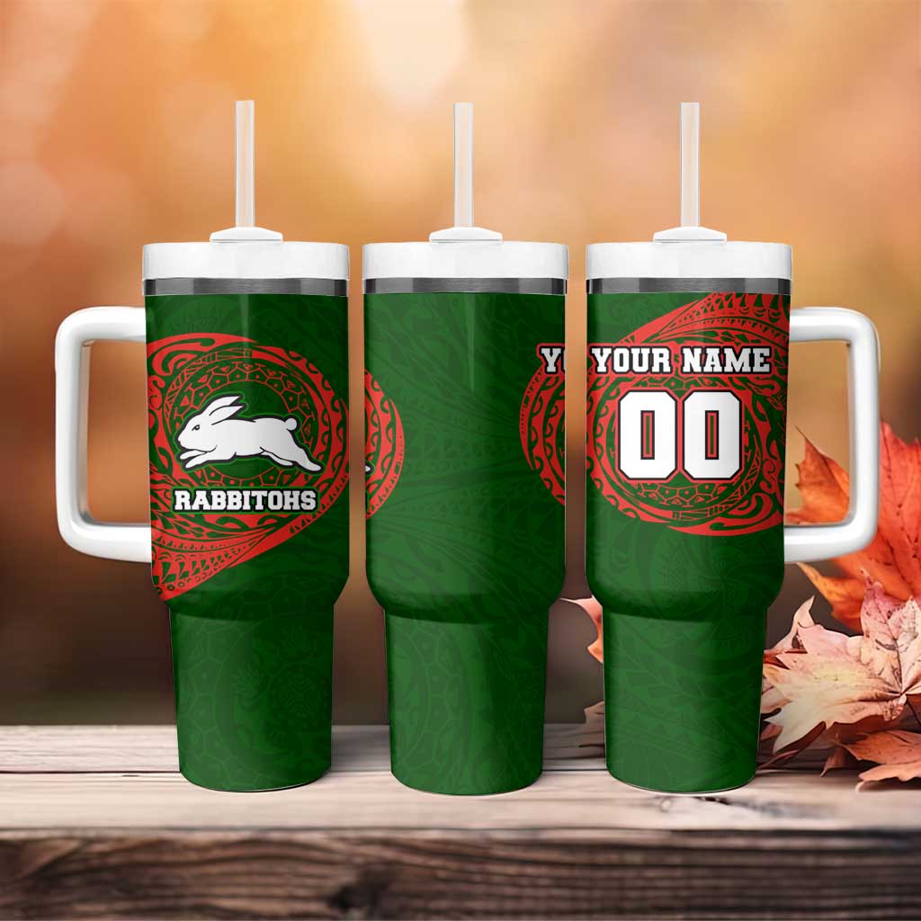 Personalized South Sydney Rabbitohs Tumbler With Handle Polynesian Tribal Chest and Sleeve Tattoo