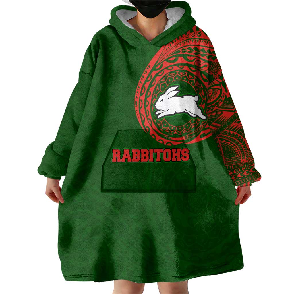 Personalized South Sydney Rabbitohs Wearable Blanket Hoodie Polynesian Tribal Chest and Sleeve Tattoo