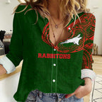 Personalized South Sydney Rabbitohs Women Casual Shirt Polynesian Tribal Chest and Sleeve Tattoo