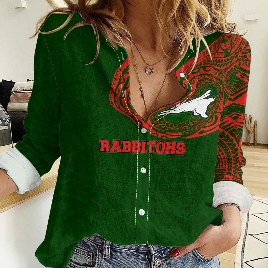 Personalized South Sydney Rabbitohs Women Casual Shirt Polynesian Tribal Chest and Sleeve Tattoo