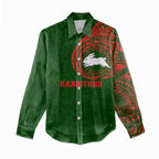 Personalized South Sydney Rabbitohs Women Casual Shirt Polynesian Tribal Chest and Sleeve Tattoo