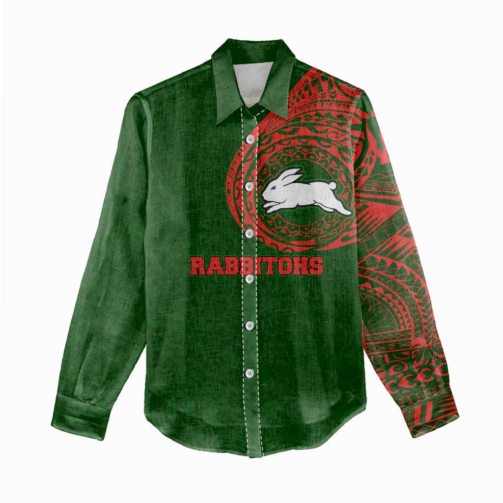 Personalized South Sydney Rabbitohs Women Casual Shirt Polynesian Tribal Chest and Sleeve Tattoo