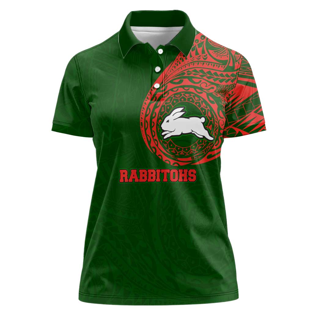 Personalized South Sydney Rabbitohs Women Polo Shirt Polynesian Tribal Chest and Sleeve Tattoo