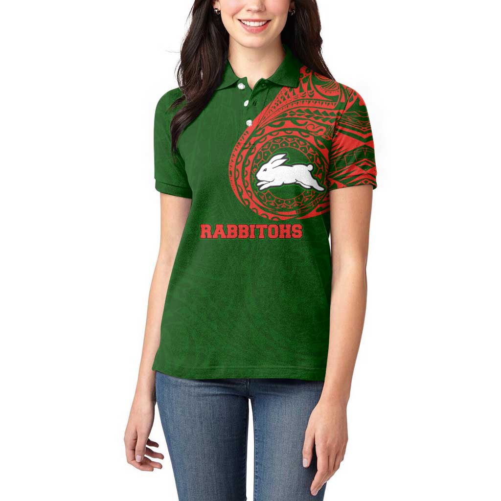 Personalized South Sydney Rabbitohs Women Polo Shirt Polynesian Tribal Chest and Sleeve Tattoo