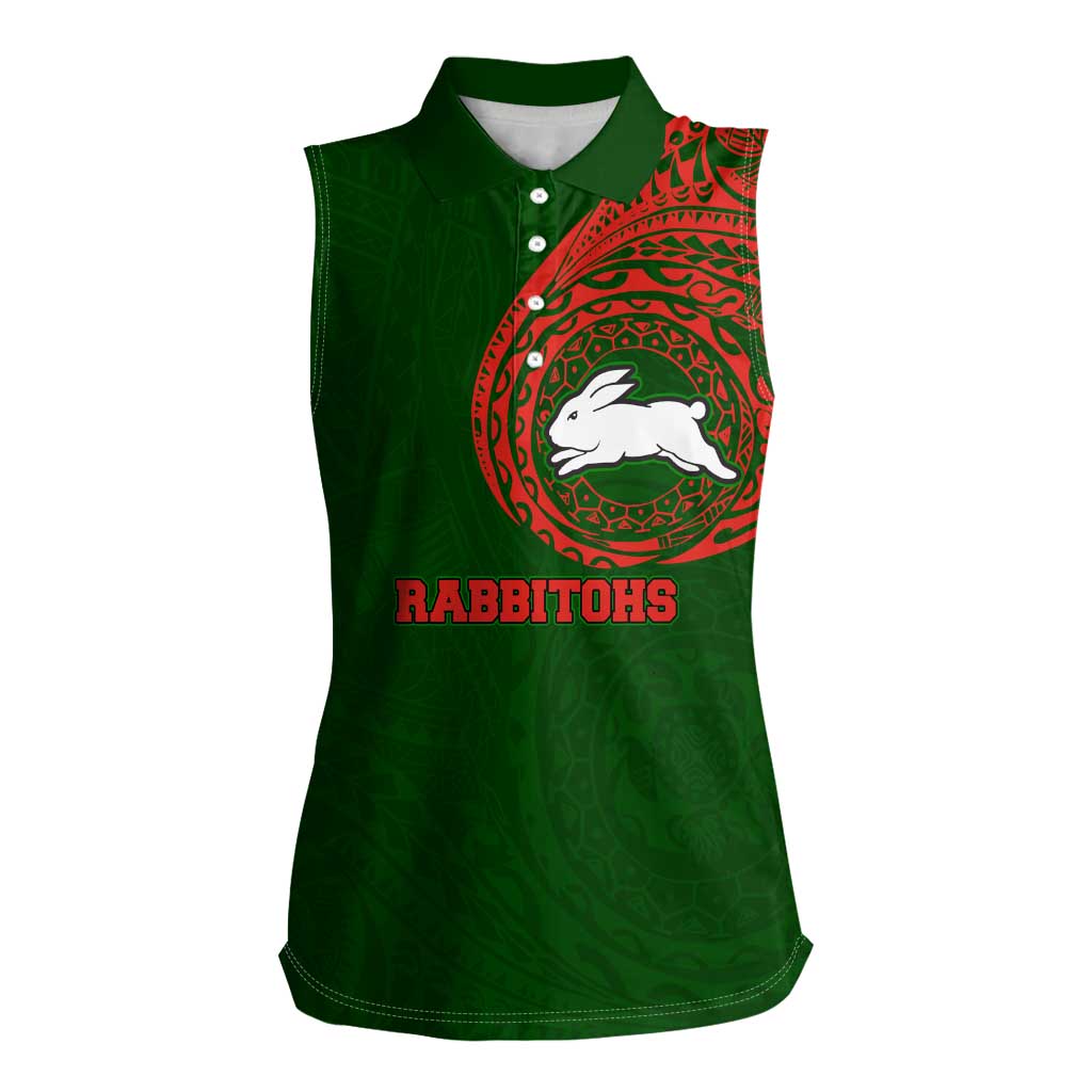 Personalized South Sydney Rabbitohs Women Sleeveless Polo Shirt Polynesian Tribal Chest and Sleeve Tattoo