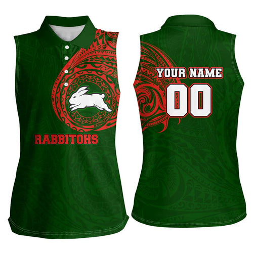 Personalized South Sydney Rabbitohs Women Sleeveless Polo Shirt Polynesian Tribal Chest and Sleeve Tattoo