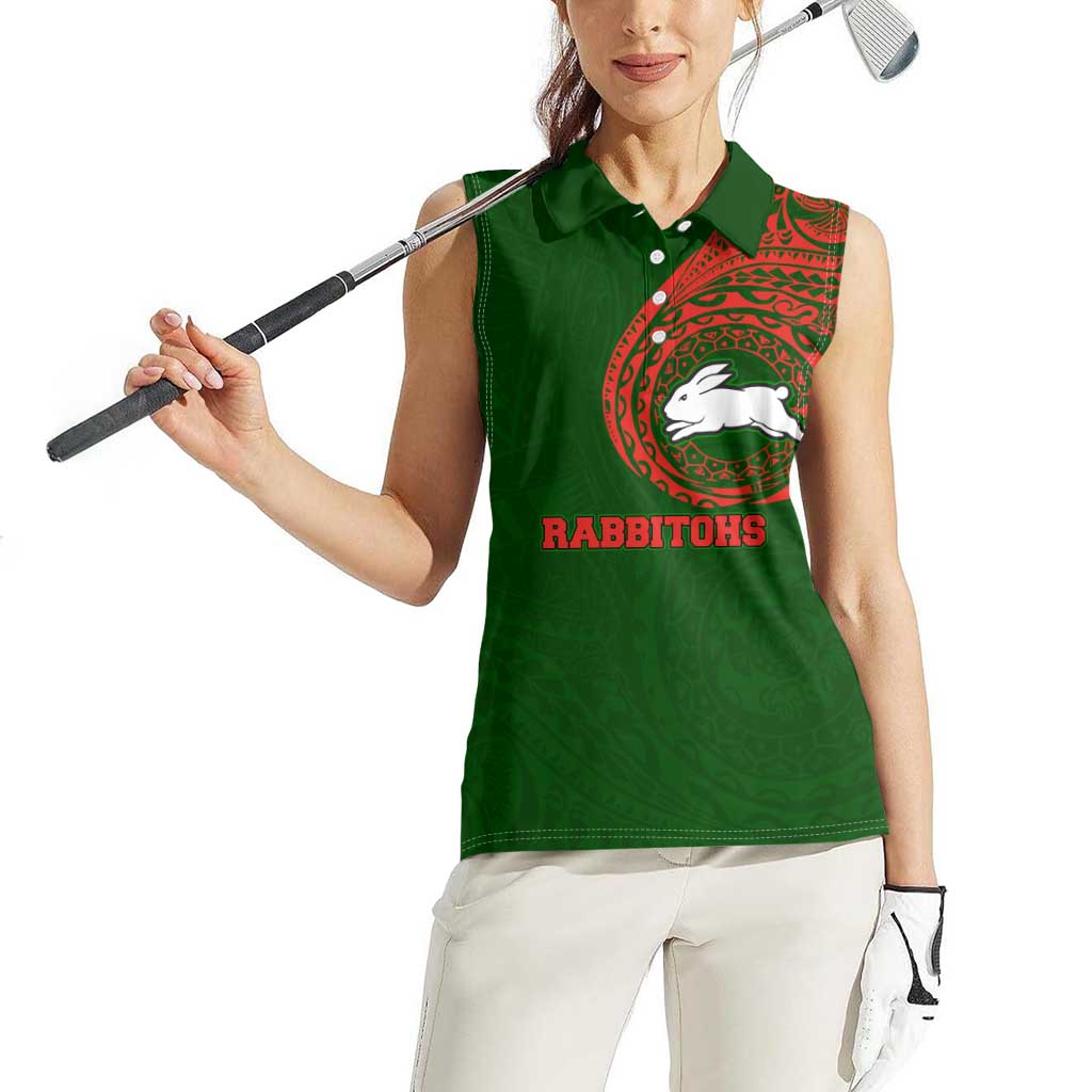 Personalized South Sydney Rabbitohs Women Sleeveless Polo Shirt Polynesian Tribal Chest and Sleeve Tattoo