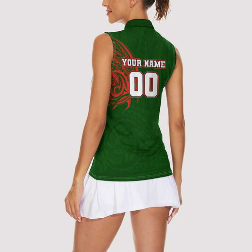 Personalized South Sydney Rabbitohs Women Sleeveless Polo Shirt Polynesian Tribal Chest and Sleeve Tattoo