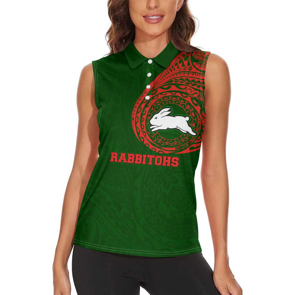 Personalized South Sydney Rabbitohs Women Sleeveless Polo Shirt Polynesian Tribal Chest and Sleeve Tattoo
