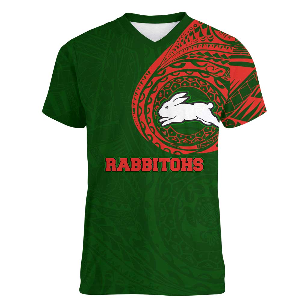 Personalized South Sydney Rabbitohs Women V-Neck T-Shirt Polynesian Tribal Chest and Sleeve Tattoo