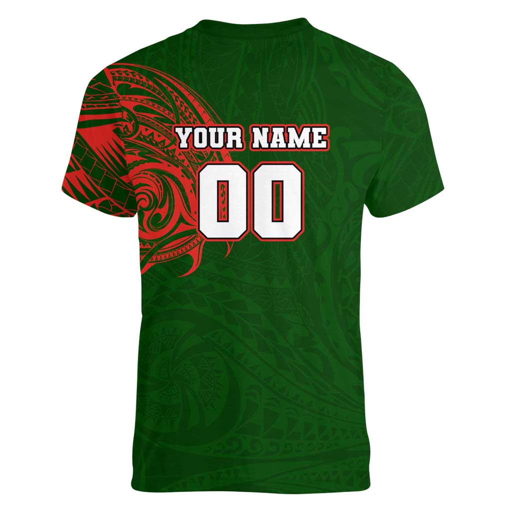 Personalized South Sydney Rabbitohs Women V-Neck T-Shirt Polynesian Tribal Chest and Sleeve Tattoo
