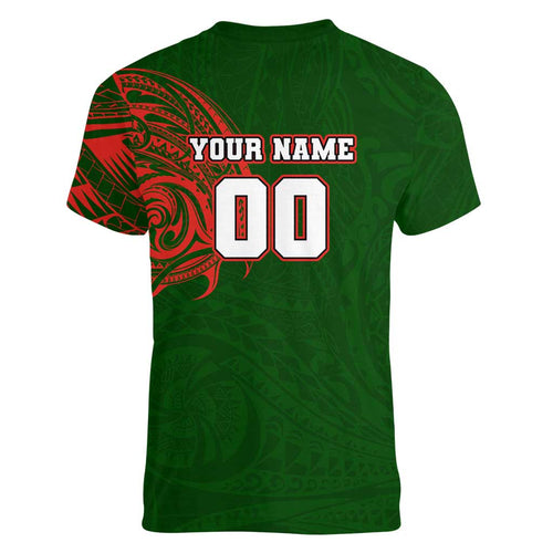 Personalized South Sydney Rabbitohs Women V-Neck T-Shirt Polynesian Tribal Chest and Sleeve Tattoo