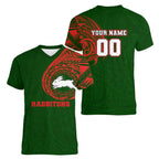Personalized South Sydney Rabbitohs Women V-Neck T-Shirt Polynesian Tribal Chest and Sleeve Tattoo