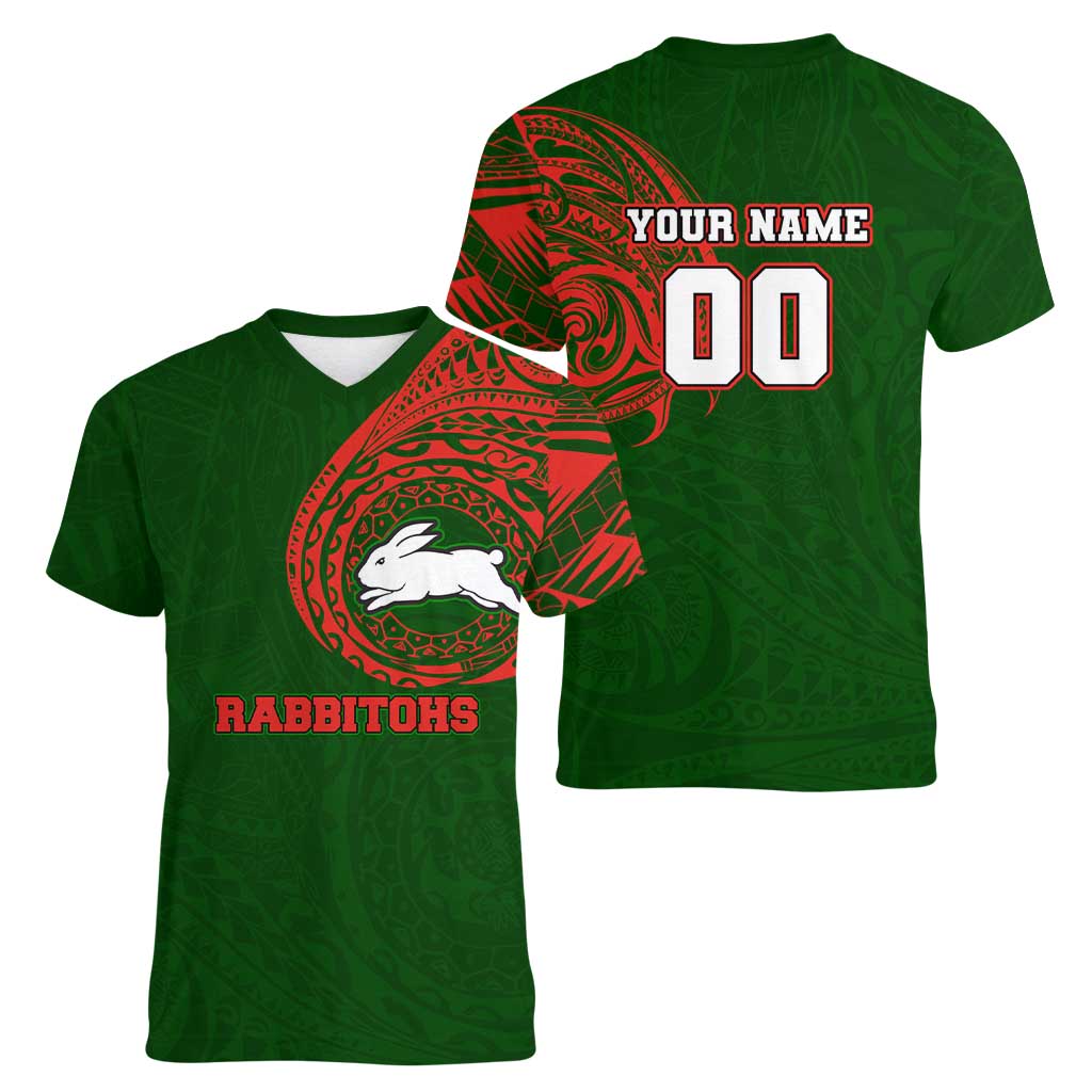 Personalized South Sydney Rabbitohs Women V-Neck T-Shirt Polynesian Tribal Chest and Sleeve Tattoo