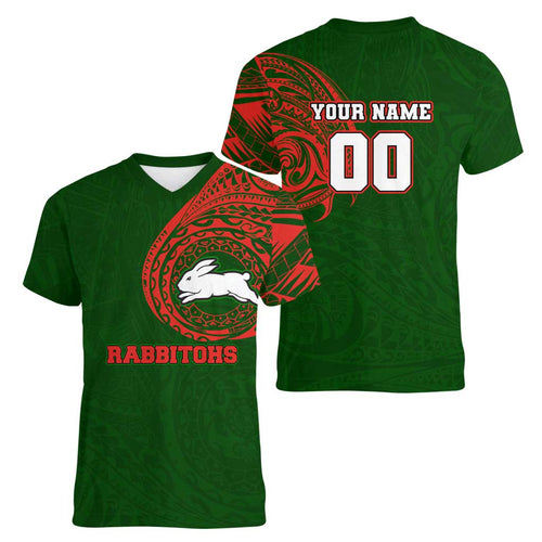 Personalized South Sydney Rabbitohs Women V-Neck T-Shirt Polynesian Tribal Chest and Sleeve Tattoo