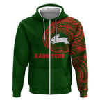 Personalized South Sydney Rabbitohs Zip Hoodie Polynesian Tribal Chest and Sleeve Tattoo