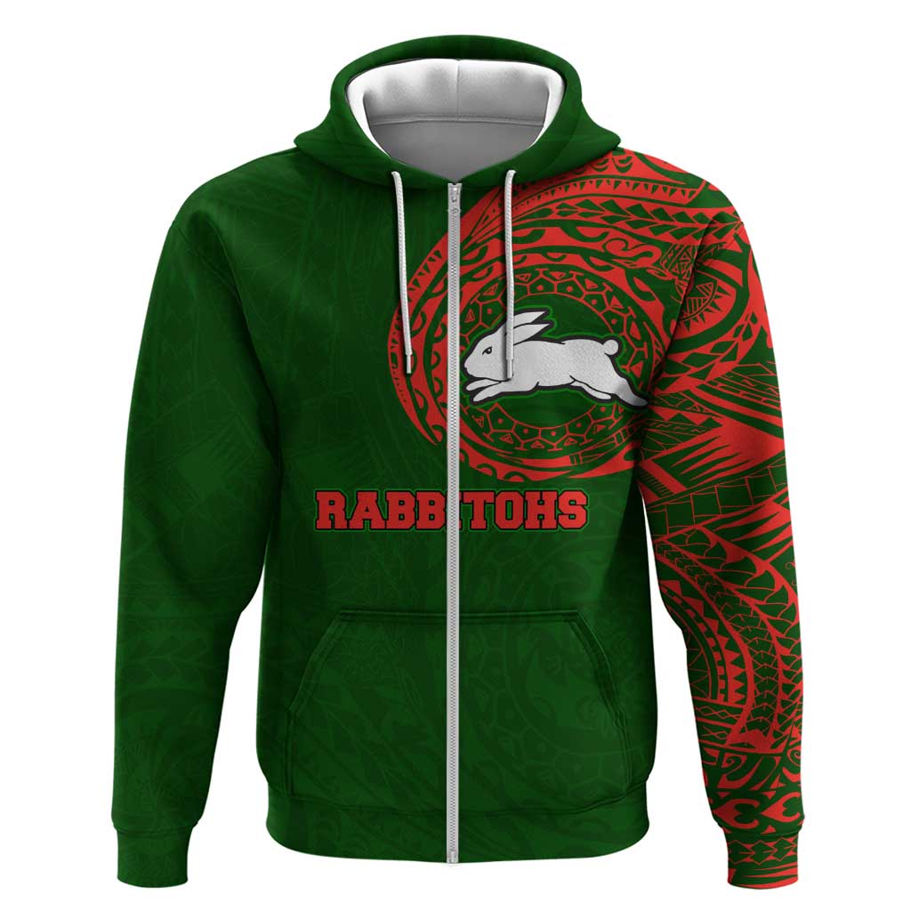 Personalized South Sydney Rabbitohs Zip Hoodie Polynesian Tribal Chest and Sleeve Tattoo