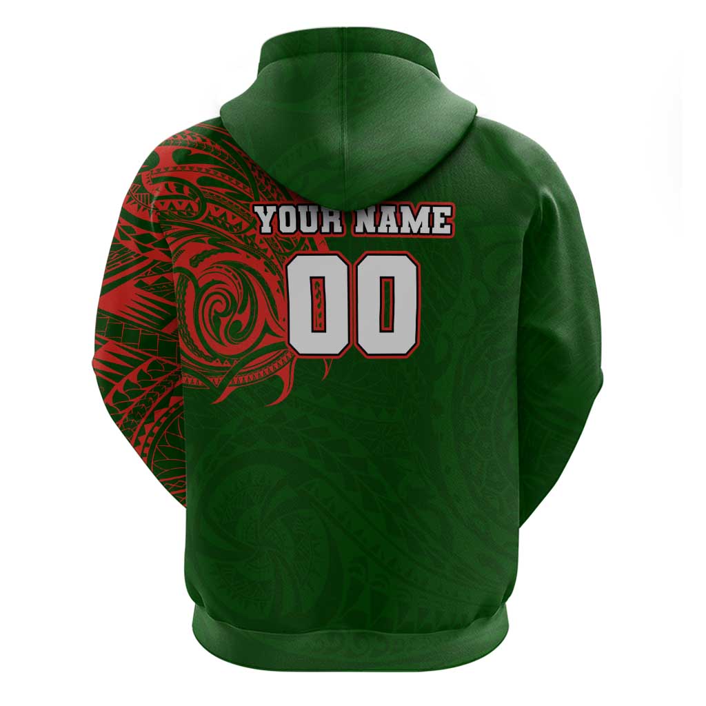 Personalized South Sydney Rabbitohs Zip Hoodie Polynesian Tribal Chest and Sleeve Tattoo