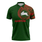 Personalized South Sydney Rabbitohs Zipper Polo Shirt Polynesian Tribal Chest and Sleeve Tattoo