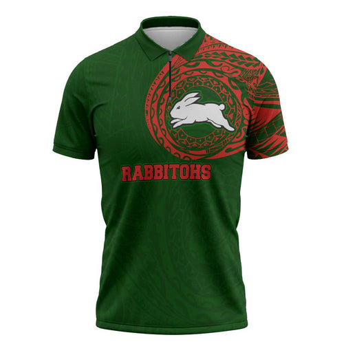 Personalized South Sydney Rabbitohs Zipper Polo Shirt Polynesian Tribal Chest and Sleeve Tattoo