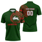 Personalized South Sydney Rabbitohs Zipper Polo Shirt Polynesian Tribal Chest and Sleeve Tattoo