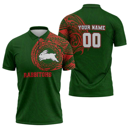 Personalized South Sydney Rabbitohs Zipper Polo Shirt Polynesian Tribal Chest and Sleeve Tattoo