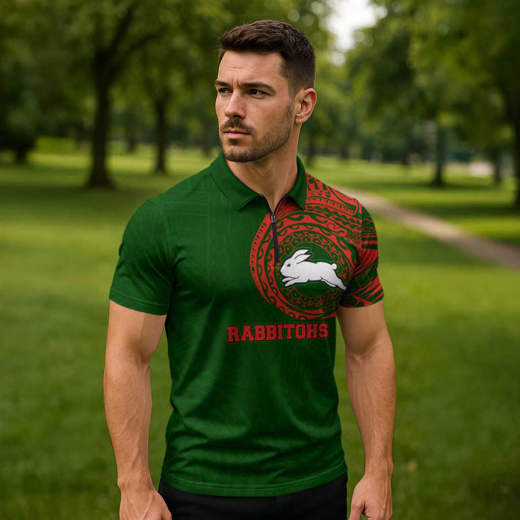 Personalized South Sydney Rabbitohs Zipper Polo Shirt Polynesian Tribal Chest and Sleeve Tattoo