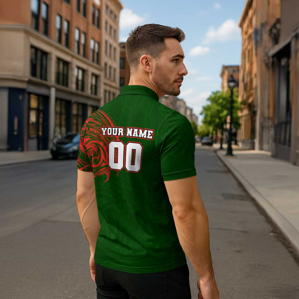 Personalized South Sydney Rabbitohs Zipper Polo Shirt Polynesian Tribal Chest and Sleeve Tattoo