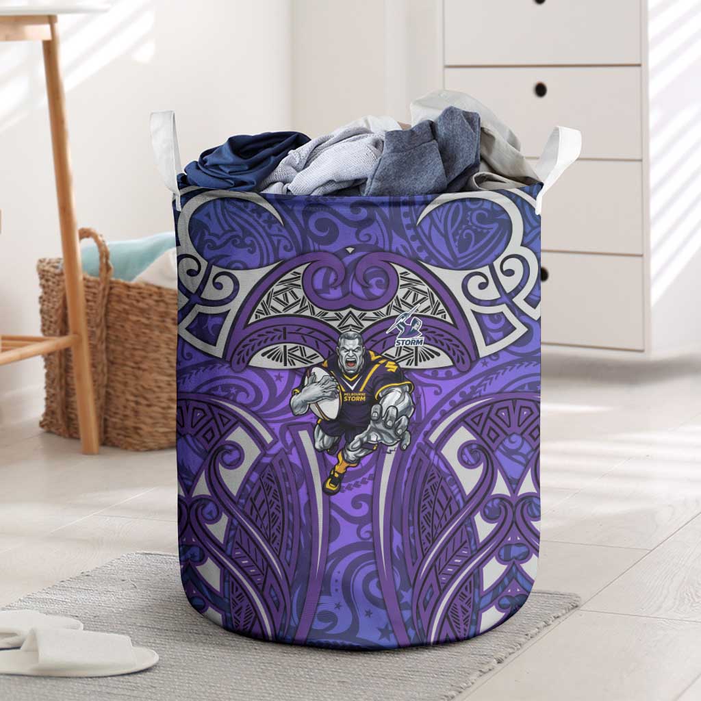 Melbourne Storm Rugby Laundry Basket Polynesian Tribal Warrior Lightning Purple Pattern