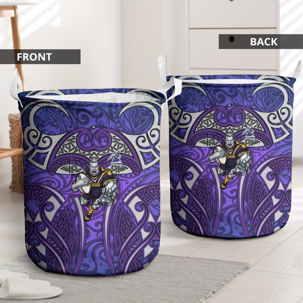 Melbourne Storm Rugby Laundry Basket Polynesian Tribal Warrior Lightning Purple Pattern