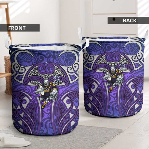 Melbourne Storm Rugby Laundry Basket Polynesian Tribal Warrior Lightning Purple Pattern