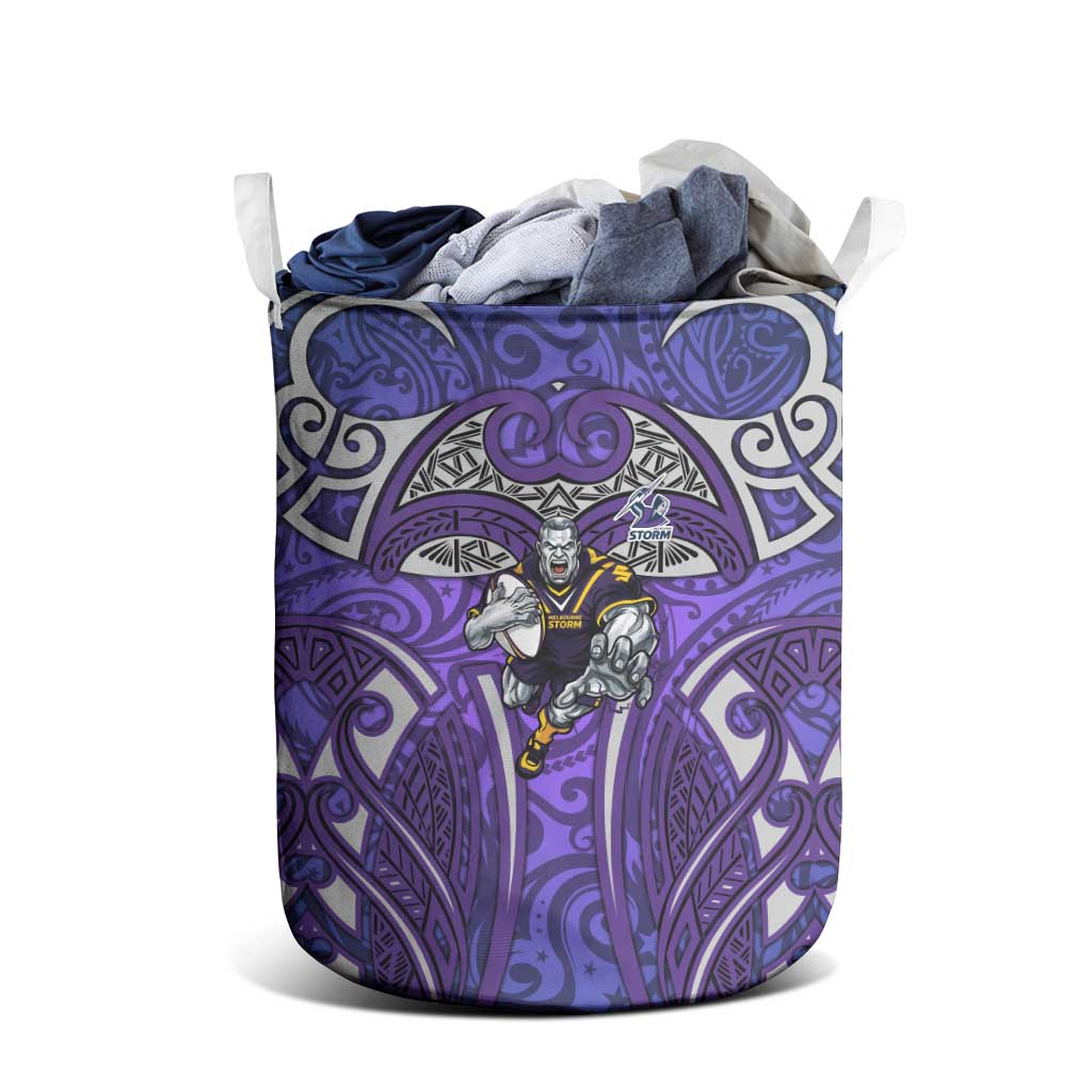 Melbourne Storm Rugby Laundry Basket Polynesian Tribal Warrior Lightning Purple Pattern
