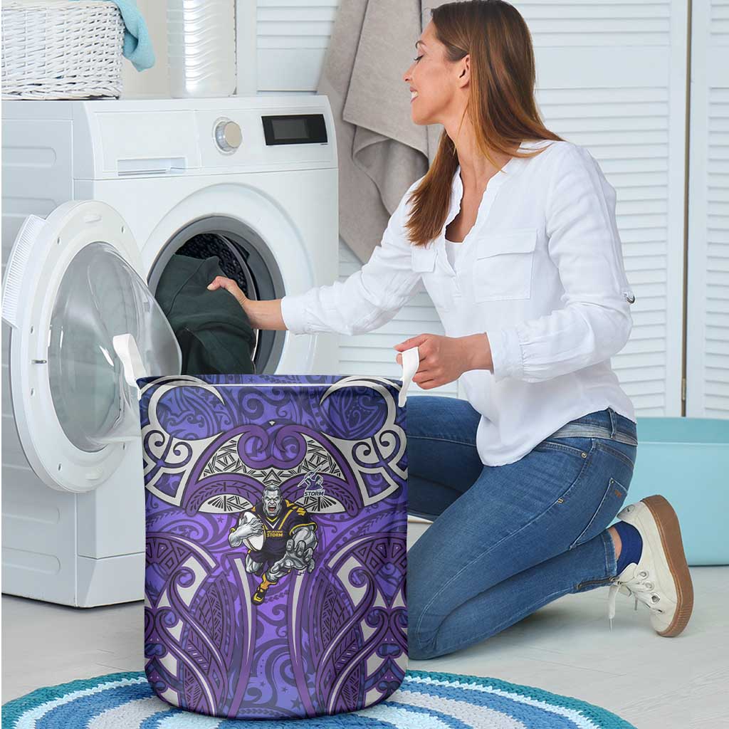 Melbourne Storm Rugby Laundry Basket Polynesian Tribal Warrior Lightning Purple Pattern