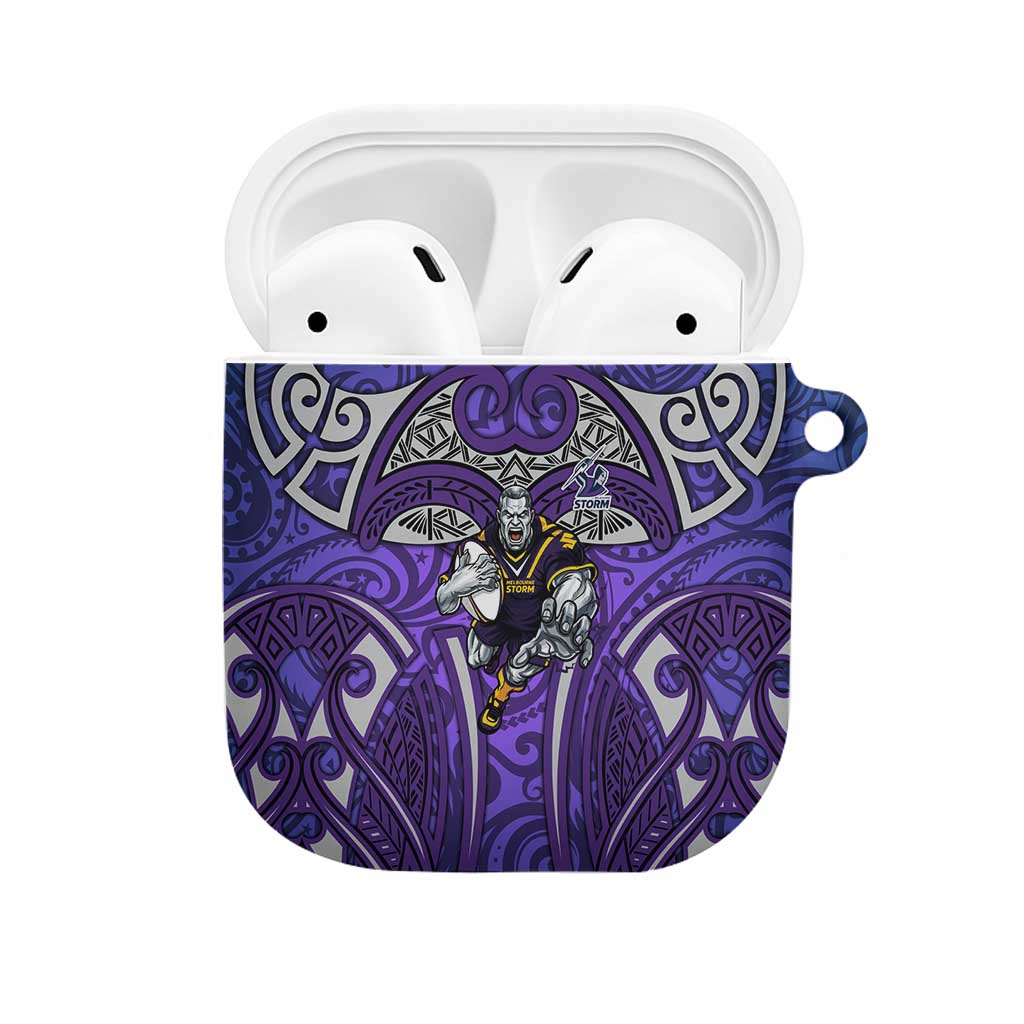 Melbourne Storm Rugby AirPods Case Polynesian Tribal Warrior Lightning Purple Pattern