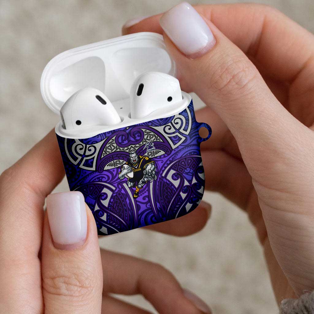 Melbourne Storm Rugby AirPods Case Polynesian Tribal Warrior Lightning Purple Pattern